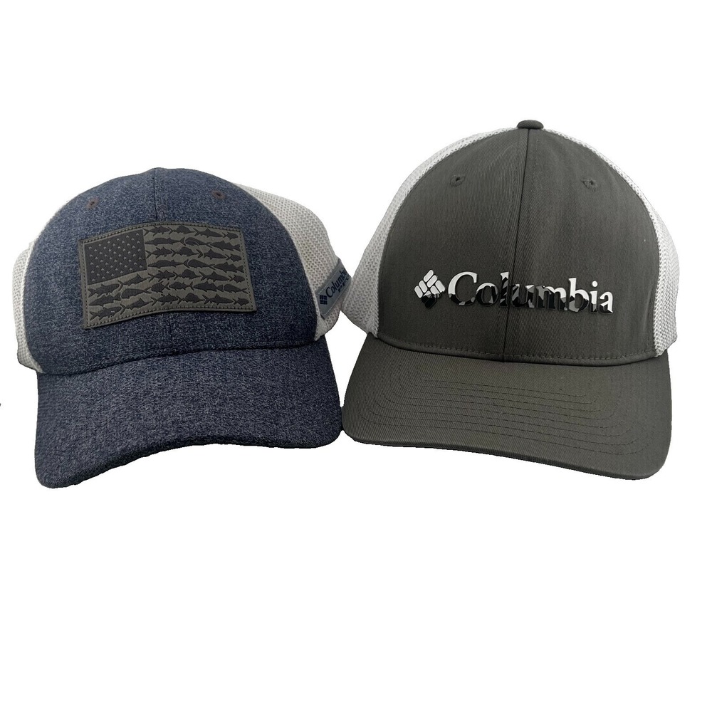 Columbia PFG Flexfit Mesh Hat Lot of 2 Gray Blue Fish Flag S/M And L/XL